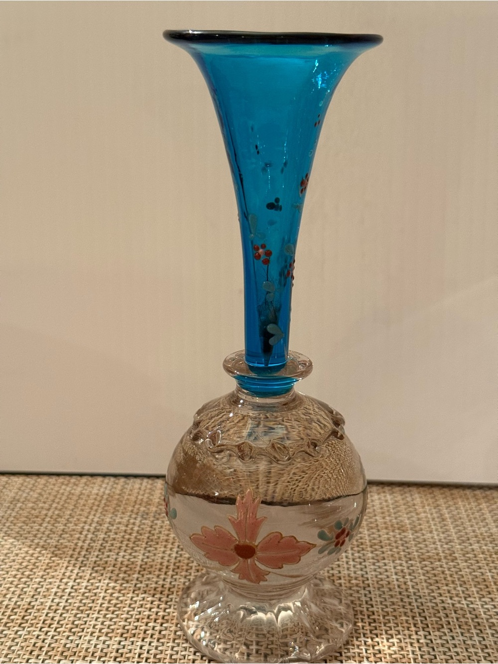 Vintage Hand-Painted Blue Glass Bud Vase